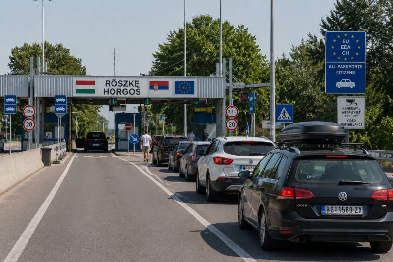 Cars waiting at the Röszke–Horgoš border crossing between Hungary and Serbia.