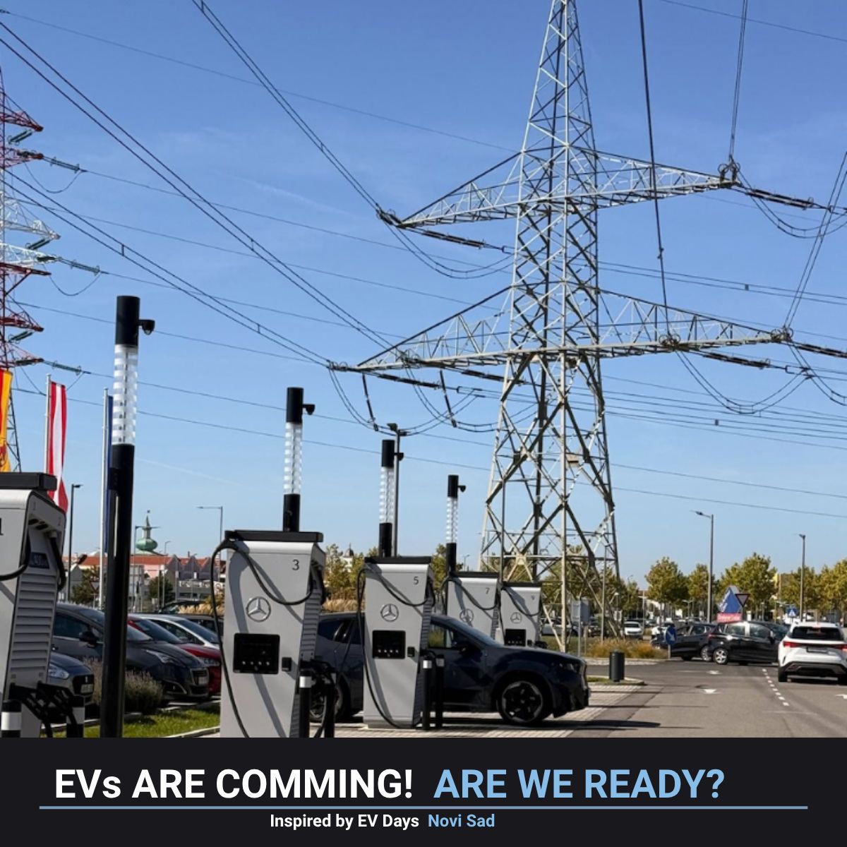 Electric vehicle chargers beneath electricity pylons, with the original EV post title.